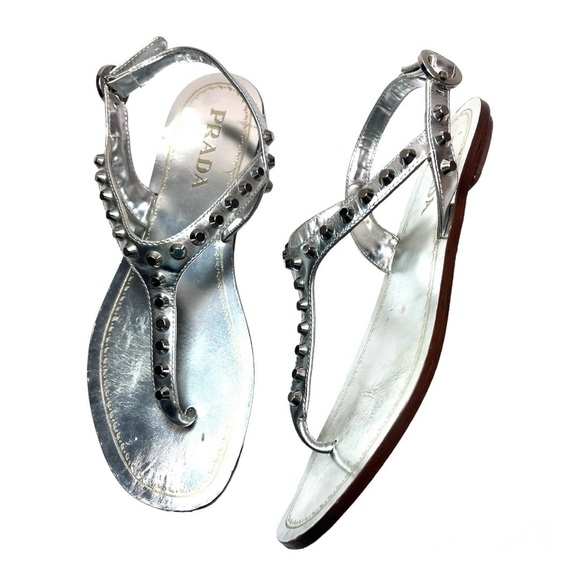 Prada silver metallic Calzature Donna capri studded T strap sandals - Picture 1 of 15